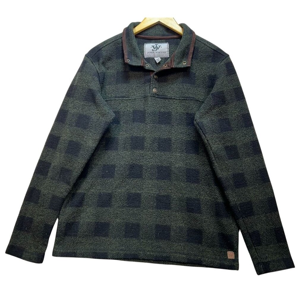 John Wayne Mens Flannel Pullover Sweater Snap Mock Neck Size S Green Black Plaid